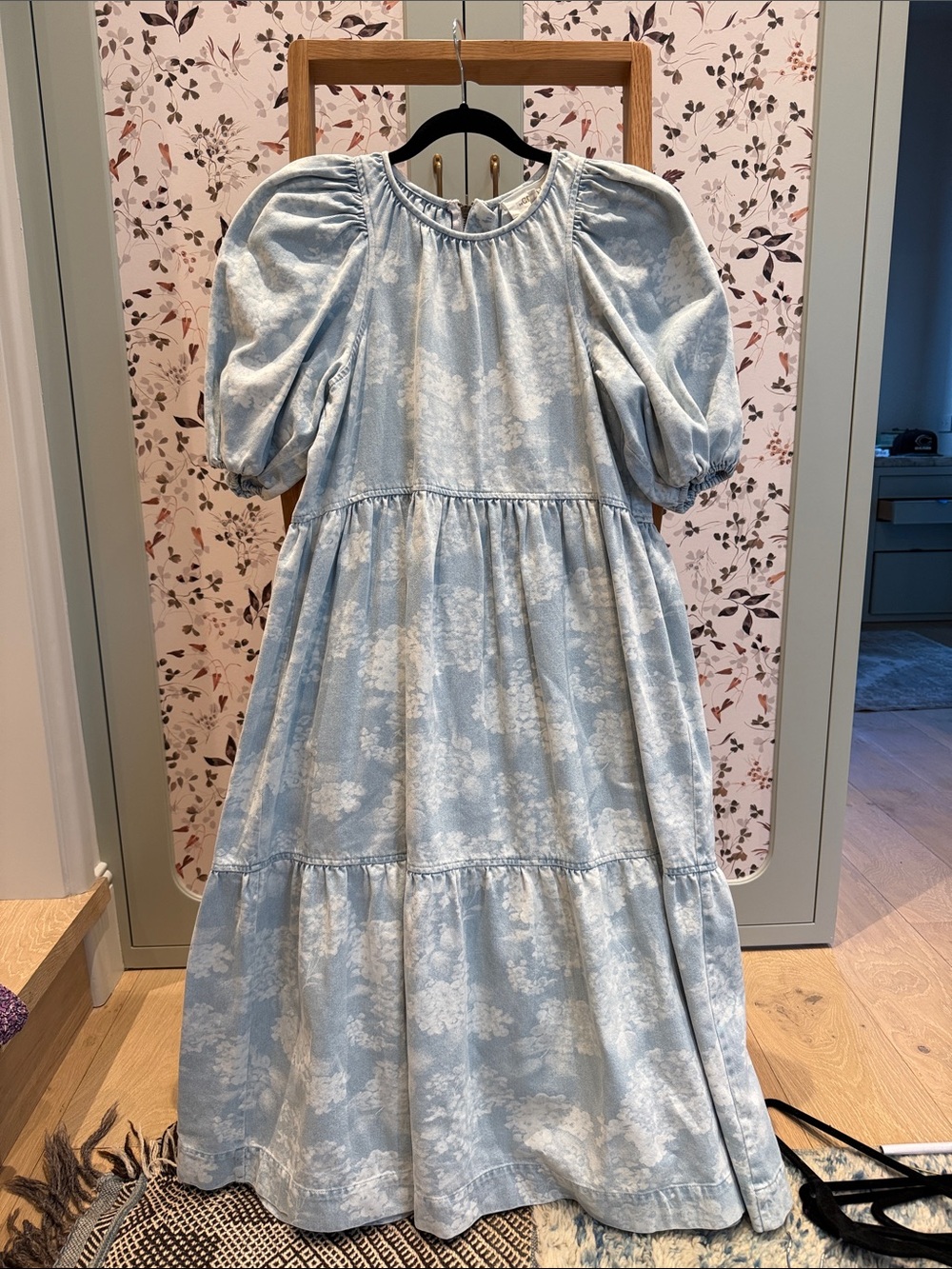 THE GREAT. Light Blue denim Floral Puff-Sleeve Tiered Dress